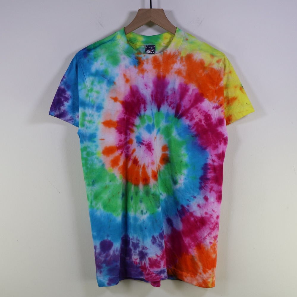 Vintage 90s BVD Rainbow Spiral Tie Dye T-Shirt Size Medium Single Stitch Multi‎